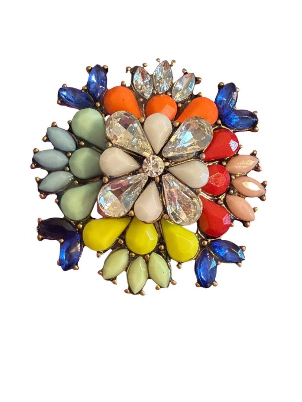 Colorful Statement Flower Ring Antique Gold Tone Cluster Rhinestone Sz 7 Cluster